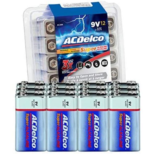 ACDelco 12-Count 9 Volt Batteries, Maximum Power Super Alkaline Battery, 7-Year Shelf Life, Recloseable Packaging