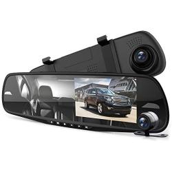 Pyle Dash Cam Rearview Mirror - 4.3” DVR Monitor Rear View Dual Camera Video Recording System in Full HD 1080p w/Built in G-Sensor Motion Detect Parking Control Loop Record Support - PLCMDVR49
