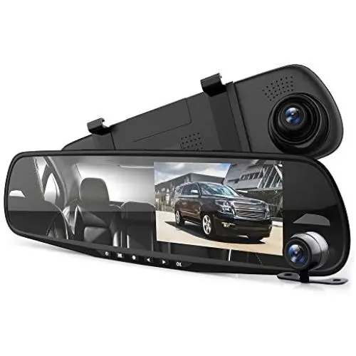 Pyle Dash Cam Rearview Mirror - 4.3” DVR Monitor Rear View Dual Camera Video Recording System in Full HD 1080p w/Built in G-Sensor Motion Detect Parking Control Loop Record Support - PLCMDVR49
