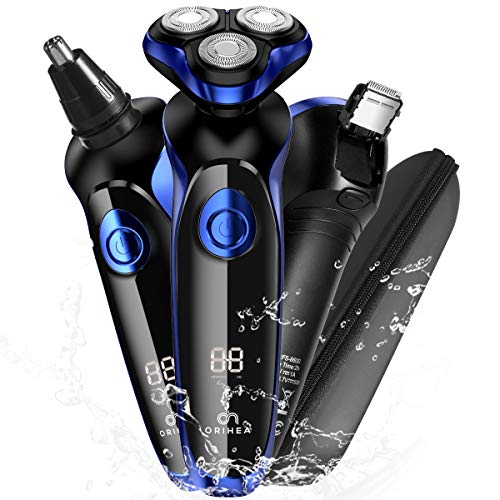 OriHea Electric Shaver for Men 3D Rechargeable Rotary Razors Beard Trimmer Face Shavers 100% Waterproof IPX7 Wet & Dry Cordless with Pop-up Trimmer and Protective Case - Blue