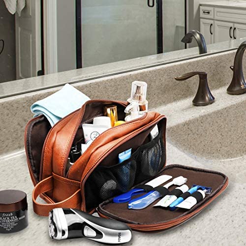 Leather Toiletry Bag for Men,Large Capacity Waterproof Travel Dopp Kit with Sturdy Handle,Travel Organizer for Toiletries -Travel Bag for Dad/Men/Husband for Valentines Day