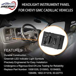 Headlight Switch Headlamp Dimmer Switch Greenish LED Light | for 2003-2007 Chevy Silverado Suburban Tahoe Avalanche GMC Sierra Yukon Cadillac Escalade | Replaces# 19381535, D1595G, 15194803