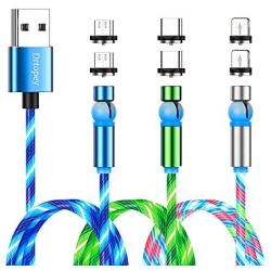 Flowing LED Magnetic Charging Cable 【3Pack,3.3ft,3.3ft,6.6ft】360°&180° Rotation Magnetic Phone Charger Cable 3 in 1 USB C,Micro USB Cable Compatible with iProduct