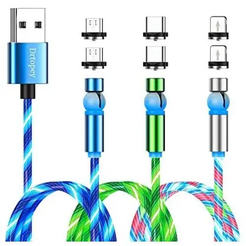Flowing LED Magnetic Charging Cable 【3Pack,3.3ft,3.3ft,6.6ft】360°&180° Rotation Magnetic Phone Charger Cable 3 in 1 USB C,Micro USB Cable Compatible with iProduct