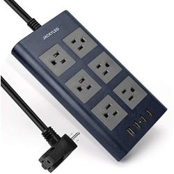 9.8 Ft Power Strip with Piggyback Plug, JACKYLED Wide Spaced Surge Protector Power Heavy Duty Long Extension Cord with 3.1A 4 USB Ports 7 AC Outlets for Home Office Hotel School Electronics, Blue Gray