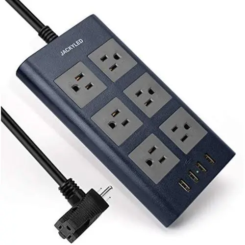 9.8 Ft Power Strip with Piggyback Plug, JACKYLED Wide Spaced Surge Protector Power Heavy Duty Long Extension Cord with 3.1A 4 USB Ports 7 AC Outlets for Home Office Hotel School Electronics, Blue Gray