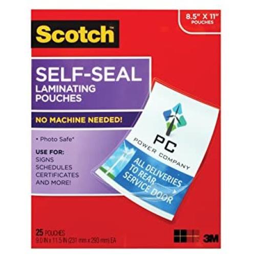 Scotch Self-Seal Laminating Pouches, 25 Pack, Letter Size (LS854-25G-WM)