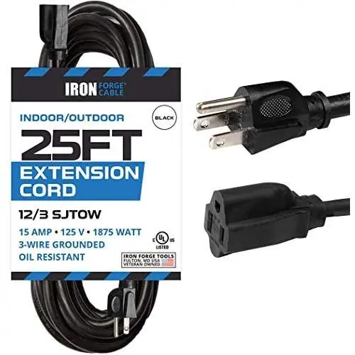 25 Ft Black Oil Resistant Extension Cord for Farms and Ranches - 12/3 SJTOW Heavy Duty Outdoor Cable with 3 Prong Grounded Plug for Safety 25 Ft Black Oil Resistant Extension Cord for Farms and Ranches - 12/3 SJTOW Heavy Duty Outdoor Cable with 3 Prong Grounded Plug for Safety