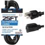 25 Ft Black Oil Resistant Extension Cord for Farms and Ranches - 12/3 SJTOW Heavy Duty Outdoor Cable with 3 Prong Grounded Plug for Safety
