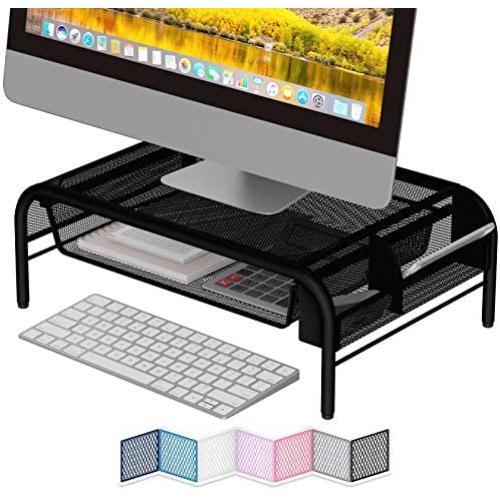 NEATERIZE Monitor Stand for Desk - Metal Monitor Stand Riser and Laptop Desk Stand with Organizer - Desktop Computer Stand and Monitor Riser Stand for Desk with Drawer - Improves Airflow - (Black)