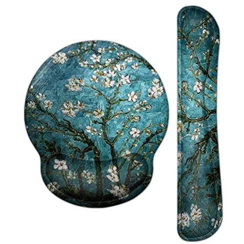 Meffort Inc Mouse Pad Wrist Support & Gaming Keyboard Wrist Pad Combo Set – Durable Ergonomic Anti Slip Non-Slip Round Base Rest Support - Almond Blossoming