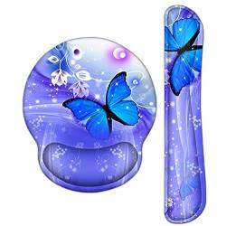 Meffort Inc Mouse Pad Wrist Support & Gaming Keyboard Wrist Pad Combo Set – Durable Ergonomic Anti Slip Non-Slip Round Base Rest Support - Blue Purple Butterfly