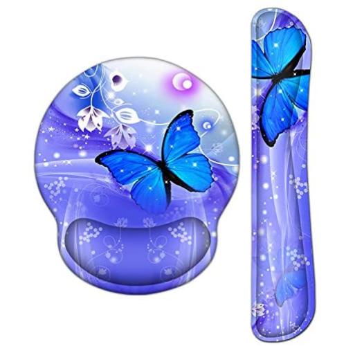 Meffort Inc Mouse Pad Wrist Support & Gaming Keyboard Wrist Pad Combo Set – Durable Ergonomic Anti Slip Non-Slip Round Base Rest Support - Blue Purple Butterfly