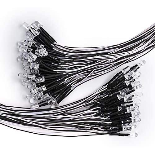 DiCUNO 100Pcs 5MM Pre Wired 12V Daylight White LED Diodes, 9.4 Inch/24CM Ultra Bright Light Emitting Diodes Assorted Color Kit Box for Circuit Science Experiment, DIY Lighting Projects