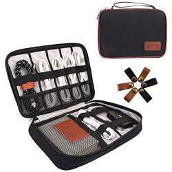 Travel Cable Organizer Bag, Electronics Accessories Organizer Bag Waterproof Tech Organizer Bag Portable Cord Storage Pouch with 6pcs Leather Cable Ties for Cable, Charger, Phone, USB, SD Card