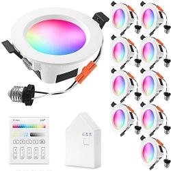 Smart LED Downlights Kit, 9W 4 Inch WiFi & Bluetooth 2 in 1 LED Recessed Lighting App Control RGBCW 2700K-6500K Daylight Multicolor Ceiling Lights with Smart Panel, Fits for Alexa Google Home, 10 Pack