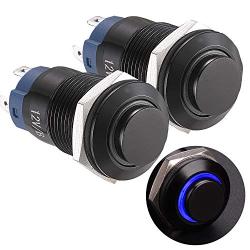APIELE (Pcs of 2) 12mm Latching Push Button Switch High Round Head Aluminium Alloy 1NO 1 Normally Open with Ring Led (Blue)