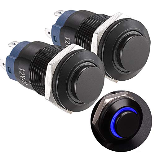 APIELE (Pcs of 2) 12mm Latching Push Button Switch High Round Head Aluminium Alloy 1NO 1 Normally Open with Ring Led (Blue)