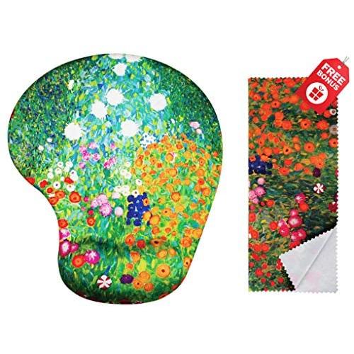 Gustav Klimt Flower Garden Ergonomic Design Mouse Pad with Wrist Support. Gel Hand Rest. Matching Microfiber Cleaning Cloth for Glasses, Cars & Electronics. Mouse Pad for Laptop, PC Computer & Mac.