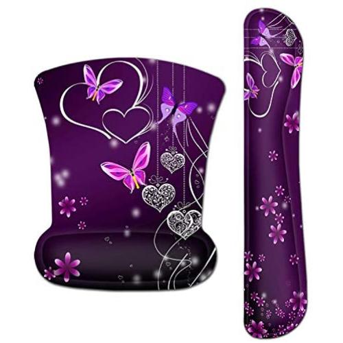 Meffort Inc Mouse Pad Wrist Support & Gaming Keyboard Wrist Pad Combo Set – Durable Ergonomic Anti Slip Non-Slip Square Base Rest Support - Purple Heart Butterfly