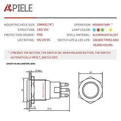 APIELE 19mm Momentary Push Button Switch On Off Aluminium Alloy 12V LED Angel Eye Head for 19mm 3/4 Mounting Hole with Wire Socket Plug Self-Reset (Red Led/Black Shell)