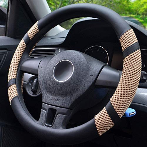 BOKIN Steering Wheel Cover, Microfiber Leather and Viscose, Breathable, Anti-Slip, Odorless, Warm in Winter and Cool in Summer, Universal 15 Inches (Tan)