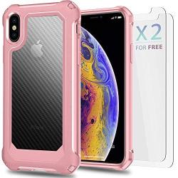 iPhone X Case, iPhone Xs Case with [ Screen Protector Tempered Glass x2Pcs] SUPBEC Protective Phone Cover with Silicone PC+TPU Shockproof Rubber Heavy Duty Case for iPhone X/iPhone Xs-Clear Rose Gold