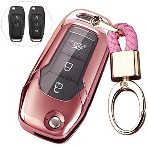 ROYALFOX(TM 2 3 Buttons Soft TPU flip Remote Key Fob case Cover for 2015 2016 2017 2018 2019 Ford F150 F250,Focus 3 Escort Kuga Everest Fiesta Mustang Edge MKV Fusion 2016 Ranger (Pink)
