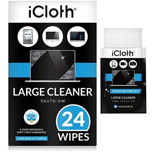 iCloth Large Lens and Screen Cleaner Pro-Grade Individually Wrapped Wet Wipes, 1 Wipe Cleans a LCD Monitor, Laptop, or Flat Screen HDTV, Box of 24