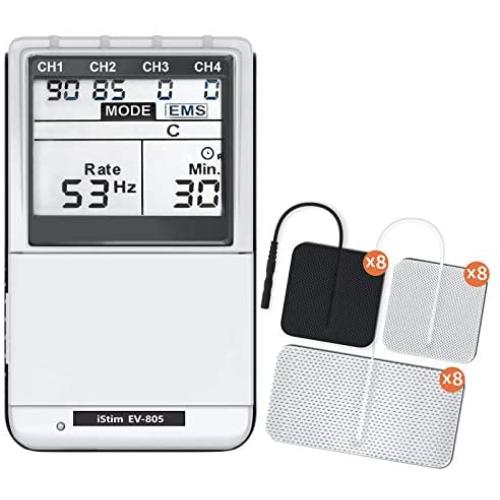iSTIM EV-805 TENS EMS 4 Channel Rechargeable Combo Machine Unit - Muscle Stimulator + Back Pain Relief and Management- 24 Programs/Backlit (Including Electrodes Pads)