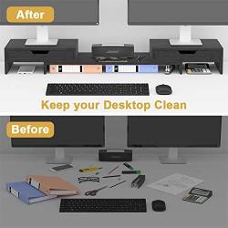 Elephance Dual Monitor Stand Riser with Adjustable Length and Angle, Bamboo Computer Riser with 2 Extra Drawers, Desk Organizer for Laptop, Computer