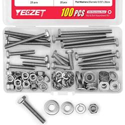 100PCS 1/4-20x1'', 1-1/2'', 2'', 2-1/2'', 3'' Stainless Steel Hex Head Screws Bolts and Nuts Flat & Lock Washers Assortment Kit, 304 Stainless Steel 18-8,Fully Machine Thread, Bright Finish