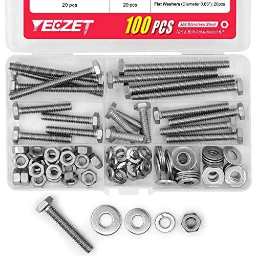 100PCS 1/4-20x1'', 1-1/2'', 2'', 2-1/2'', 3'' Stainless Steel Hex Head Screws Bolts and Nuts Flat & Lock Washers Assortment Kit, 304 Stainless Steel 18-8,Fully Machine Thread, Bright Finish