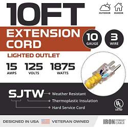 10 Foot Lighted Outdoor Extension Cord - 10/3 SJTW Yellow 10 Gauge Extension Cable with 3 Prong Grounded Plug for Safety - Great for Garden and Major Appliances