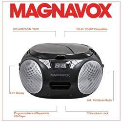 Magnavox MD6924 Portable Top Loading CD Boombox with AM/FM Stereo Radio in Black | CD-R/CD-RW Compatible | LED Display | AUX Port Supported | Programmable CD Player |