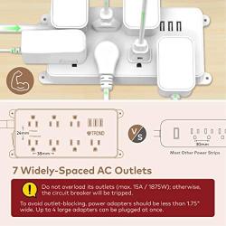 Power Strip Surge Protector, ETL Listed, TROND 7 Widely-Spaced Outlets Expansion with 3 USB Ports, Flat Plug, 1700 Joules, 5ft Extension Cord, Wall Mountable, White