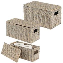 mDesign Natural Woven Water Hyacinth Closet Storage Organizer Basket Bin with Removeable Lids to use in Closet, Bedroom, Bathroom, Entryway, Office - Set of 3 - Gray Finish