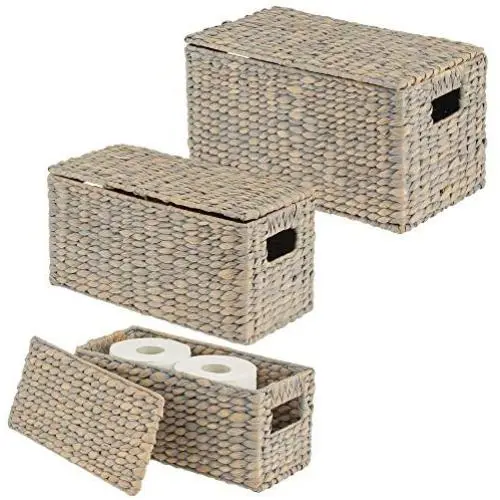 mDesign Natural Woven Water Hyacinth Closet Storage Organizer Basket Bin with Removeable Lids to use in Closet, Bedroom, Bathroom, Entryway, Office - Set of 3 - Gray Finish