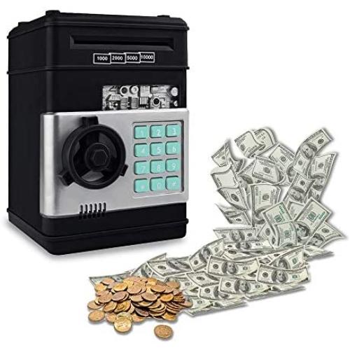 HeQiao Digital Coin Bank Electronic Auto-scrolled Paper Money Banks Password Safe Piggy Bank for Boys (Black)
