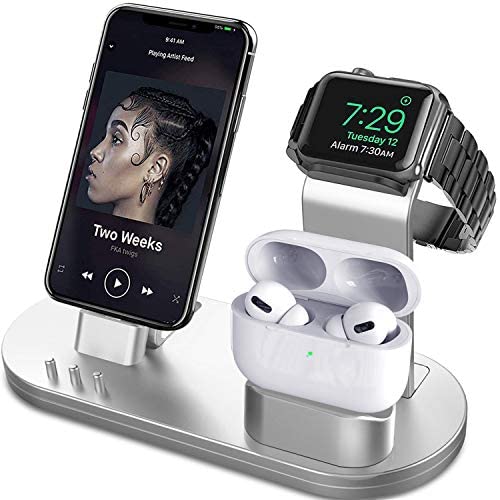 OLEBR 3 in 1 Charging Stand Compatible with iWatch Series 6/SE/5/4/3/2/1, AirPods Pro and iPhone Series 12/11 Series/Xs/X Max/XR/X/8/ 8P/7/7P/6S/6S Plus(Original Charger & Cables Required) Silver