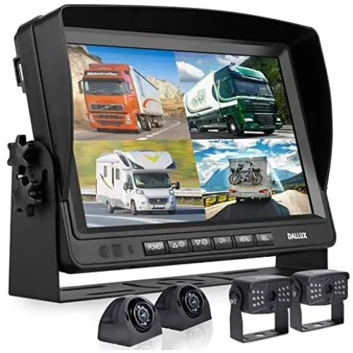 DALLUX Backup Camera System with 9'' Monitor Built-in DVR Recorder for RV Semi Box Truck Trailer Motorhome,Quad Split Screen 4 Channel 1080P HD Waterproof Rear & Side View Rearview Camera Kit