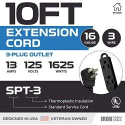 10 Ft Extension Cord with 3 Electrical Power Outlet - 16/3 Durable Black Cable