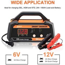 Ampeak 6V 12V Smart Car Battery Charger and Maintainer 2A 8A Fully Automatic with Cable Clamps