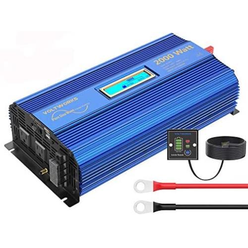 VOLTWORKS 24V Pure Sine Wave Power Inverter 2000W DC 24V to AC 110V 120V and High Power Hardwire Terminal with LCD Display 15ft Remote Controller and 2ft Battery Cables 2.4A USB for RV Car Truck Boat