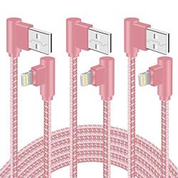 90 Degree iPhone Charger 10 FT 3 Pack Lightning Cable Right Angle Braided iPhone Charging &Syncing Cord for iPhone12/11/Pro/Xs Max/XS/XR/X/iPad/iPod (Rose Gold,10Feet)