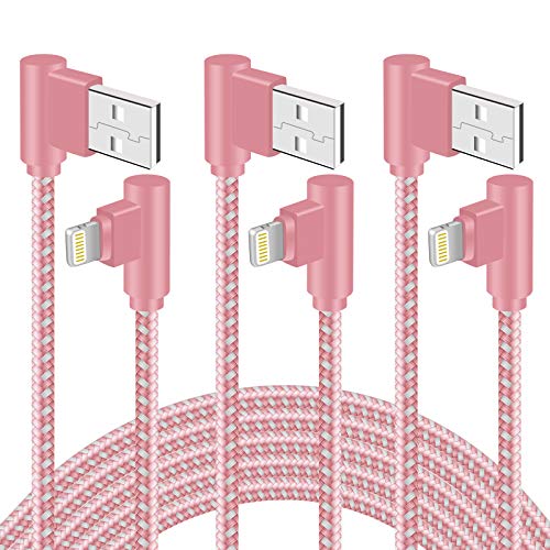 90 Degree iPhone Charger 10 FT 3 Pack Lightning Cable Right Angle Braided iPhone Charging &Syncing Cord for iPhone12/11/Pro/Xs Max/XS/XR/X/iPad/iPod (Rose Gold,10Feet)