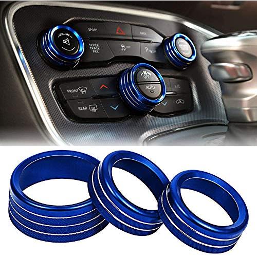 ToolEpic for Dodge Challenger Charger Accessories 2015-2021 and for Ram 1500 2013-2018 - Decor Trim Rings Set of 3 - Best Aluminum Alloy B5 Blue - Air Conditioning Volume Radio Button Knob Cover.