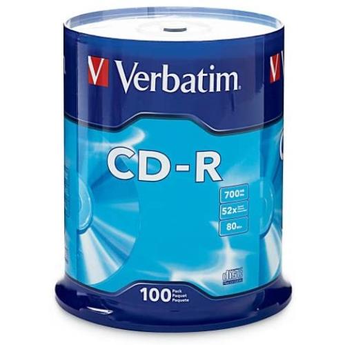 Verbatim CD-R 700MB 80 Minute 52x Recordable Disc for Data and Music - 100 Pack Spindle (FFP)