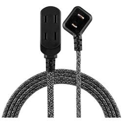Cordinate 42841-T1 Designer 3 Extension, 2 Prong Strip, Extra Long 8 Ft Power Flat Plug, Fabric Braided Cord, Slide-to-Close Safety Outlets, 42841, 8 ft, Black/Gray, 8 ft