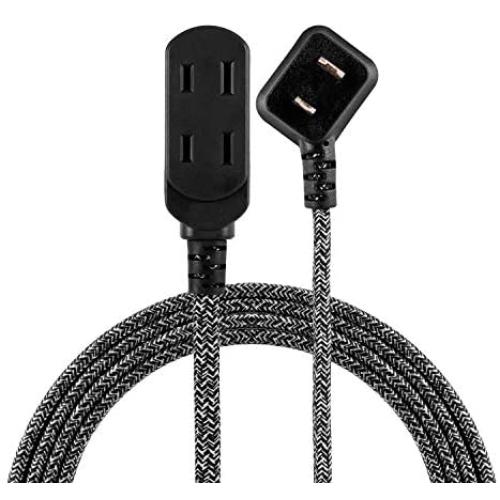 Cordinate 42841-T1 Designer 3 Extension, 2 Prong Strip, Extra Long 8 Ft Power Flat Plug, Fabric Braided Cord, Slide-to-Close Safety Outlets, 42841, 8 ft, Black/Gray, 8 ft